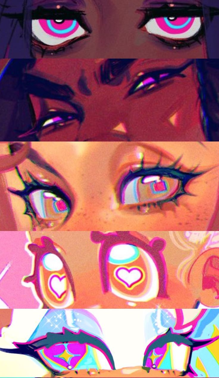 this image features a collage of five animestyle eyes. each eye has a unique and colorful design, incorporating hearts, rainbows, and other vibrant elements. the eyes are arranged in a vertical stack, creating a dynamic and visually appealing composition. the overall style of the image is whimsical and playful, capturing the essence of anime aesthetics.