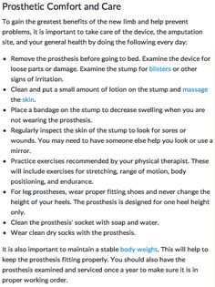 a page of text on a white background, containing prosthetic care instructions.
