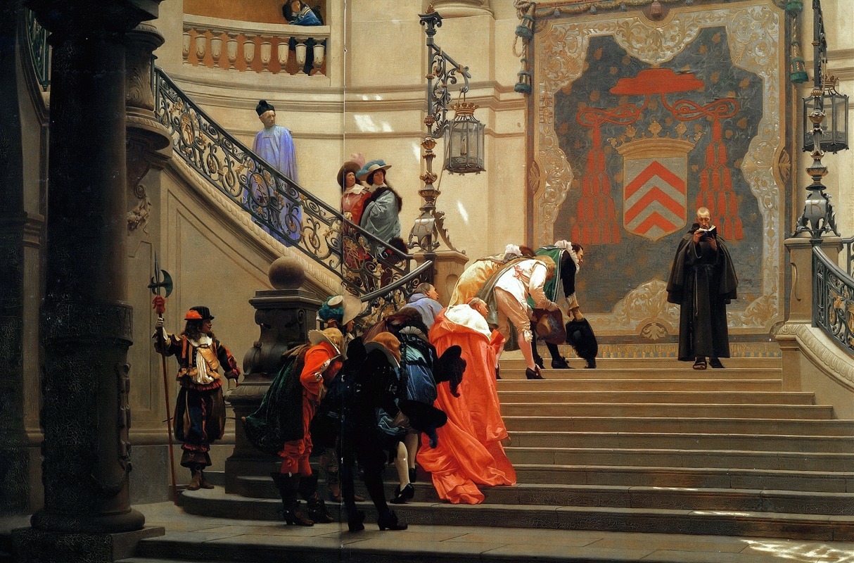 the painting depicts a grand indoor scene with a wide staircase. various people in elaborate costumes are ascending or descending the stairs, including noblemen in hats and robes. a monk stands to the side reading a book. a guard with a spear stands near a large column. spectators are positioned on a balcony above. a heraldic shield hangs on a tapestry on the wall. lanterns provide lighting. the architecture is elaborate.