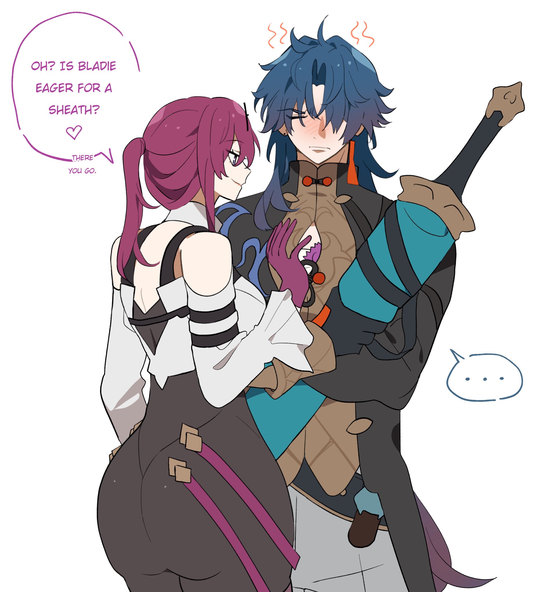 the image is an illustration of an anime couple. the female character is wearing a purple and black outfit and a white shirt. she is holding a sword in her right hand and smiling. the male character is wearing a blue and black outfit and is blushing. he is looking at the female character and has a sword in his left hand. the male character is  holding the female character's right arm.  there is a speech bubble above the male character's head with three dots in it.  there is a speech bubble to the left of the female character's head.  it has the text "oh? is bladie eager for a sheath?"  inside the bubble, there is a heart.  below the heart, it says "there you go."