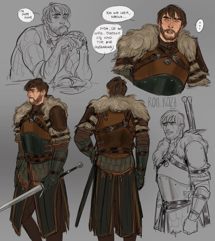the image depicts a knight with a helmet and sword, standing in a battleready position. he is wearing armor with leather and fur. the image is a drawing, and it has a fantasy style. the knight is named ron koza. the drawing has a very detailed style and is well done. the drawing is set against a neutral background and has a medieval feel.