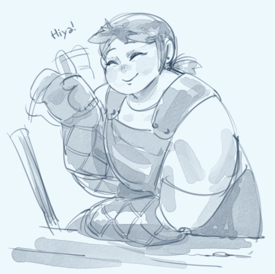 this is a digital sketch of an anime/mangastyle woman. she has large eyes, short hair, and is wearing a simple, casual outfit with a large, white shirt. she is sitting on the ground, smiling and holding a small object in her right hand. the image is drawn in a soft, light style with shades of white, blue, and grey. the background is simple and plain.