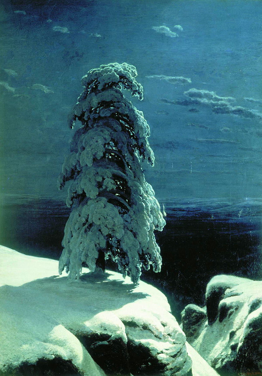 a snowcovered pine tree stands on a snowcovered cliff at night. the moon is shining on the tree and the snow. the sky is dark blue and the horizon is dark.