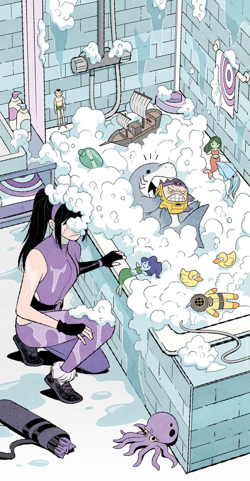 this is an illustration from a comic book, showing a young female superhero in a purple costume crouching beside a bathtub overflowing with bubbles. the bathtub is filled with various toys including a rubber shark with a tiny villain on it, rubber duckies, a toy ship, a mermaid doll, and other bath toys. the superhero looks slightly annoyed.  the overall style is cartoonish and whimsical. the setting is a tiled bathroom with a shower. an octopus is visible on the bathroom floor near the tub. a quiver of arrows is also visible at the bottom left.