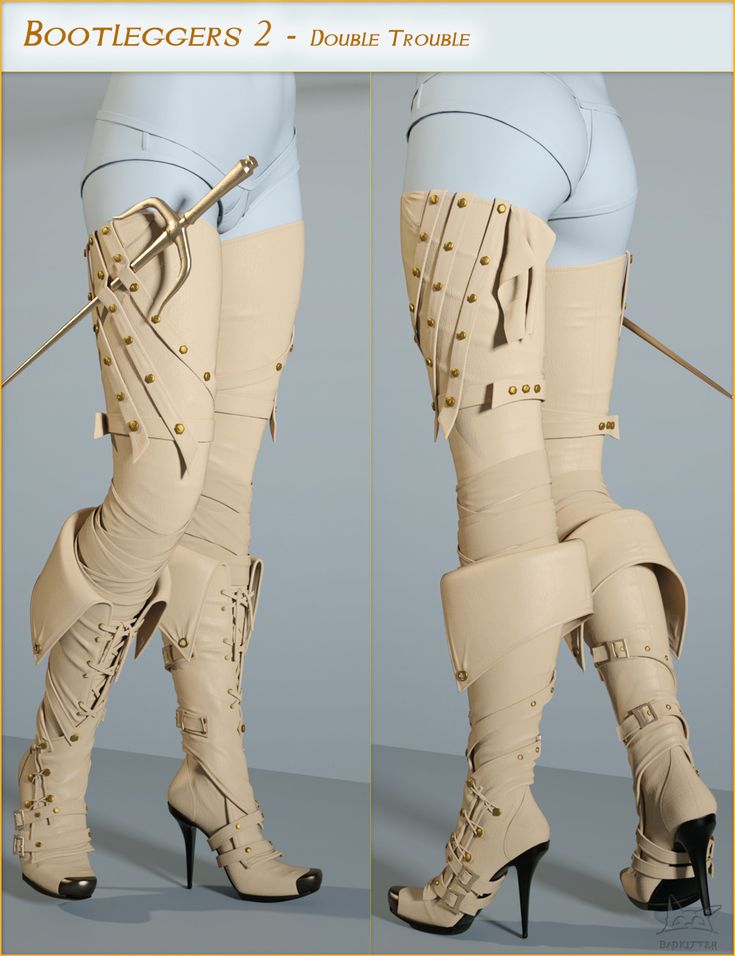 a woman in a high heel fashion shoot showcasing the knee high boots with buckles and straps on her legs.