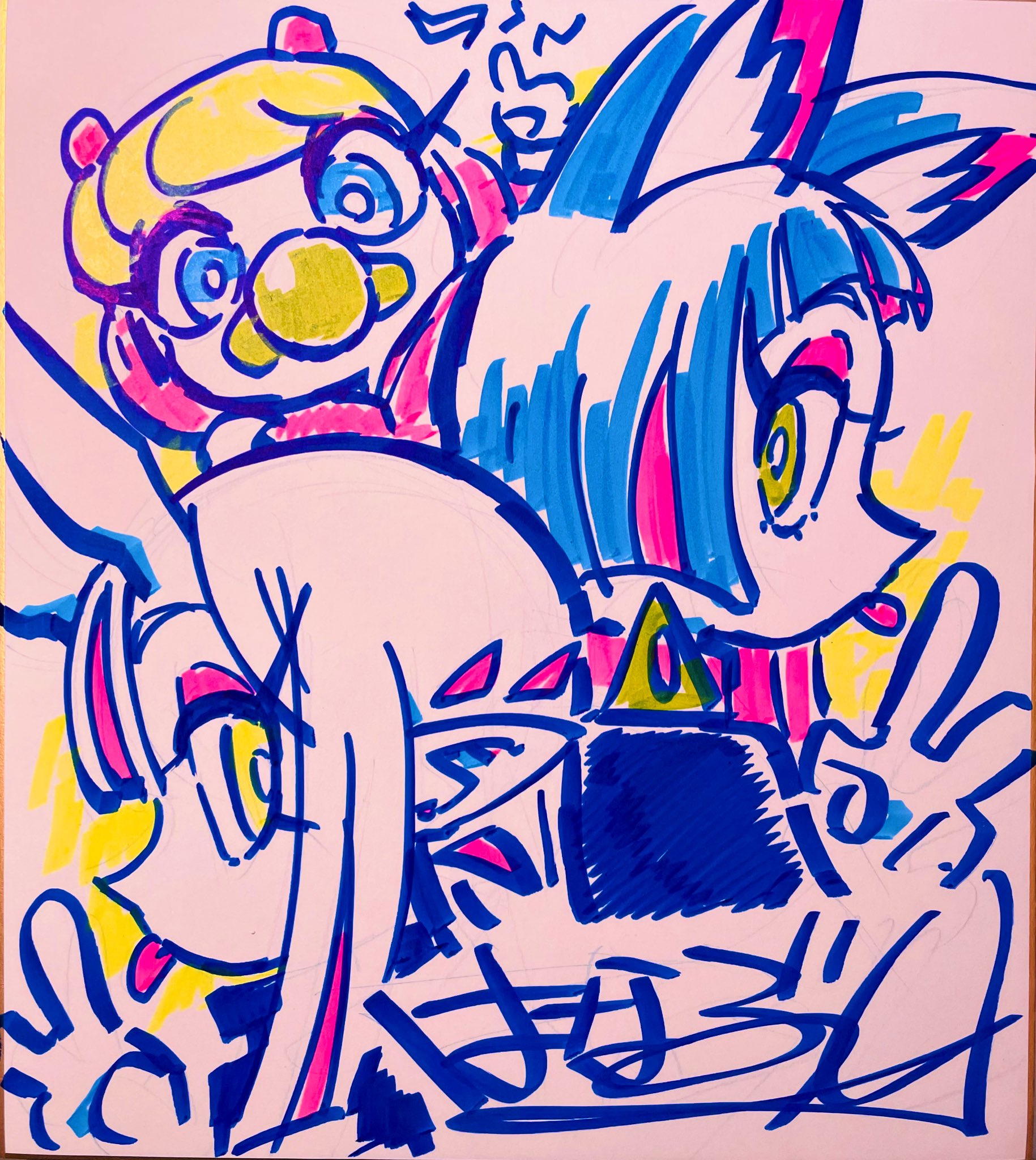 the image is a vibrant and dynamic drawing of two animestyle characters, likely drawn with markers. the character in the foreground has long, flowing blue and pink hair and piercing yellow eyes. she's wearing a black and yellow outfit with a triangular motif. behind her, peeking over her shoulder, is a smaller character with yellow and white hair and large round glasses. both characters have playful and mischievous expressions, and their overall design is full of energy and movement. the drawing is done in a bold, graphic style with thick outlines and bright colors.  the artist's signature is visible in the bottom right corner, along with some japanese text.