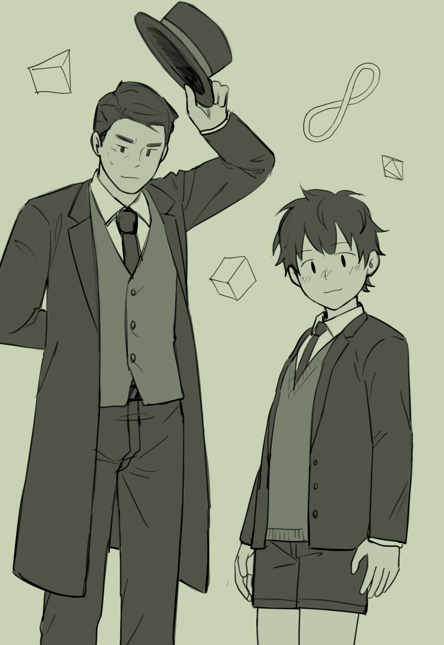 the image is a stylized grayscale illustration depicting two male figures.  one is an older man, dressed in a long overcoat, vest, and suit, holding a top hat. the other is a younger boy, dressed in a schoolboystyle suit and short pants.  they stand against a muted green background, with simple geometric shapes (cubes and an infinity symbol) floating around them. the style is reminiscent of anime or manga, with slightly exaggerated features and simple linework.  the overall mood is calm and somewhat mysterious.