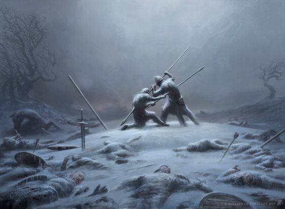 two warriors are locked in a fierce battle on a snowcovered battlefield littered with the bodies of fallen soldiers. the overcast sky casts a soft, diffused light over the scene, creating a somber and desolate atmosphere.  one warrior, wielding a spear, stands over his fallen opponent, who is armed with a sword. the perspective is at eyelevel, drawing the viewer into the heart of the conflict.  the overall palette is muted and cold, dominated by shades of grey and blue, which further emphasizes the bleakness of the scene.