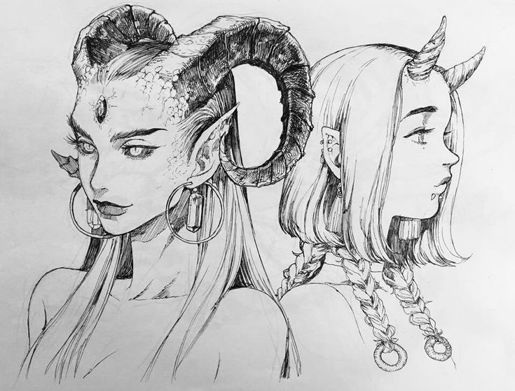 the image is a black and white sketch or illustration depicting two demonlike women. the woman on the left has large, curled horns, long straight hair, pointed ears with earrings, and scalelike texture on her forehead and near her ear. she also has a gemlike mark on her forehead. she's facing mostly forward with a slightly tilted head. the woman on the right has shorter, straight hair with two braids in the front, small horns, pointed ears with piercings, and is drawn in profile. they are standing back to back.