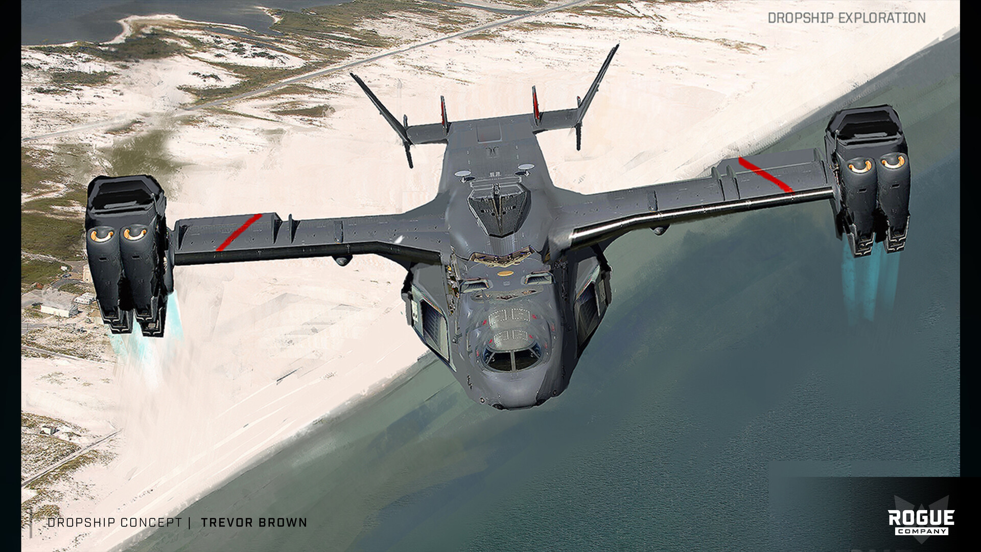 a futuristic, heavily armed dropship concept design, as seen from below. the vessel is depicted flying low over a coastal, sandy landscape, with the blue ocean in the background. the dropship has a large, central fuselage with two smaller pods extending from either side. the craft features a large, downwardfacing cockpit with a large, clear canopy. the vehicle has a distinct, streamlined profile with two large, vshaped stabilizers that provide control during highspeed flight. the dropship is painted in a grey scheme with red accents, making it a menacing and sleek machine. the image is a concept art design that is reminiscent of a science fiction movie.  the "rogue company" logo appears in the lowerright corner.