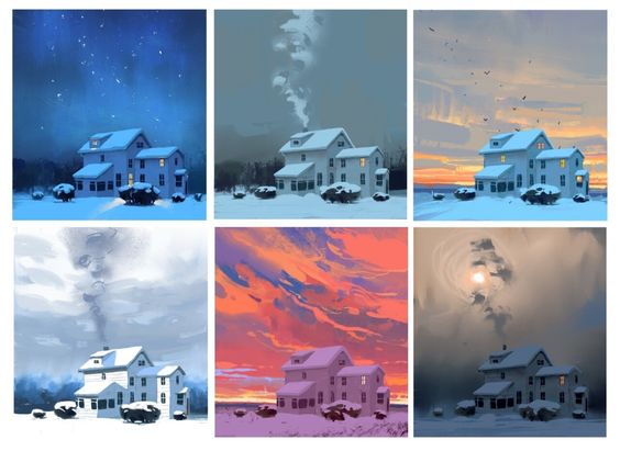 the image is a collage of six different illustrations of the same house in a snowy landscape, each depicting a different time of day and weather condition. the house is a twostory white building with a gabled roof and several windows. there are trees in the background, and the sky varies in color from light blue to dark gray. the overall atmosphere is peaceful and serene.