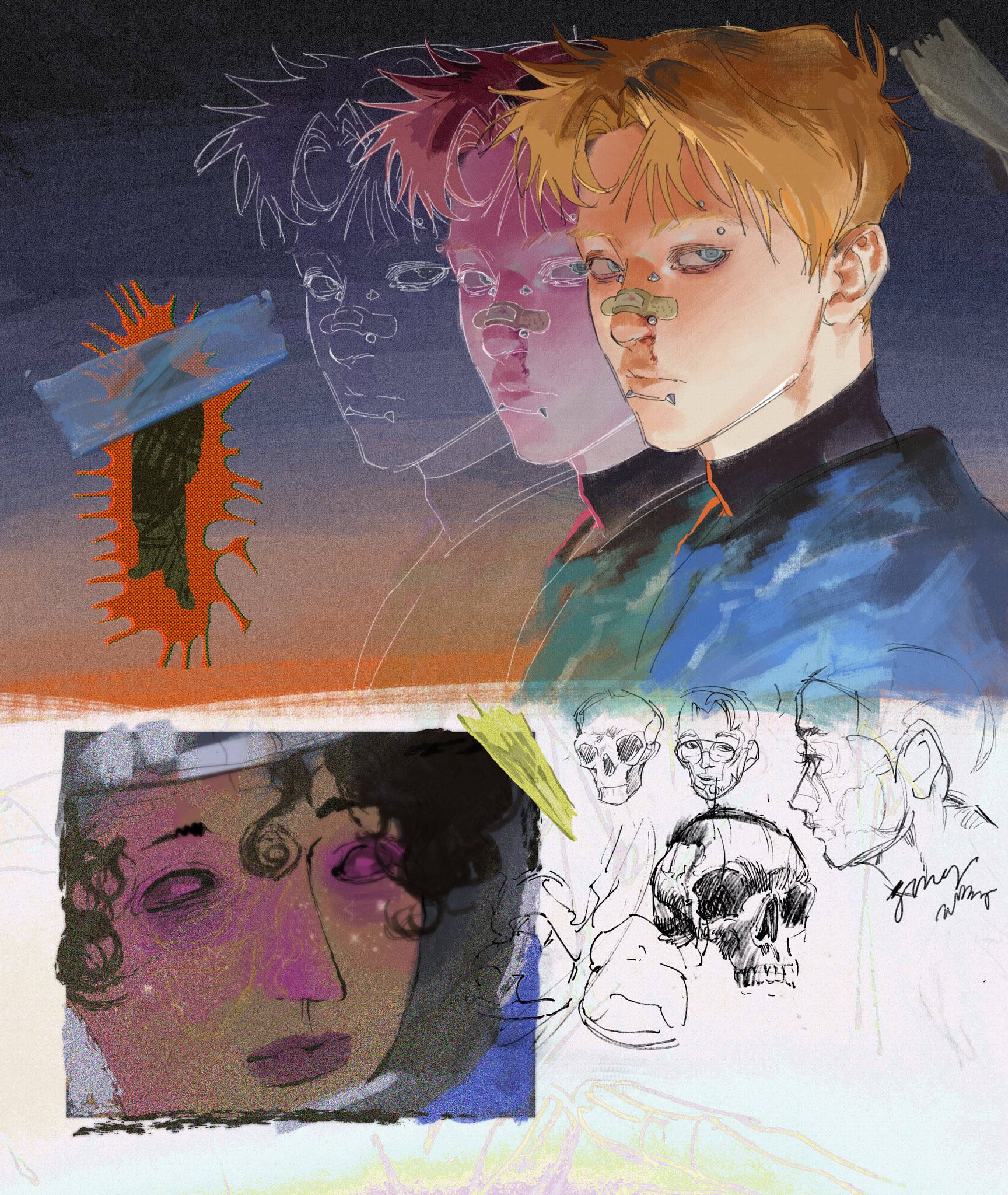 the image is a digital painting that appears to be a collage of different elements. it features multiple human figures, including a young man with a bluegrey hair style and several other figures. the images are fragmented and layered, creating an abstract and surreal atmosphere. some of the figures have altered features, such as elongated noses and piercing eyes. the overall effect is one of mystery and intrigue, with a sense of unease and distortion. the artist uses vibrant colors and bold brushstrokes to add depth and dimension to the artwork.