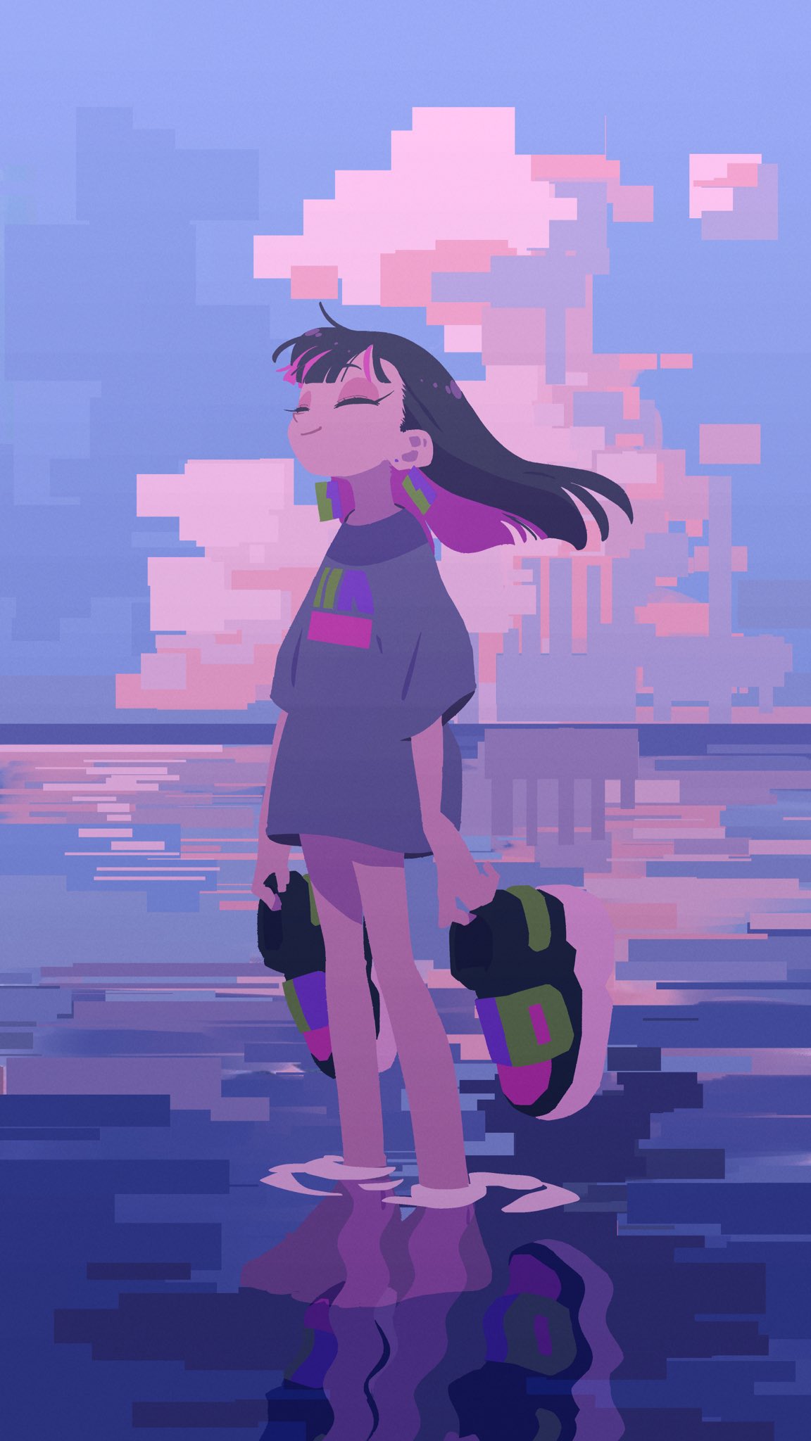 a girl with black hair and streaks of purple stands barefoot on a beach at sunset.  she is facing the left with her eyes closed, holding her shoes in her hands and smiling.  she is wearing a loosefitting tshirt and shorts. the sky is a beautiful blend of purple and pink, with pixelated clouds. the water reflects the colors of the sky.  the art style is pixel art, with visible pixels throughout.