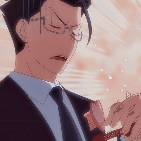 an animestyle drawing shows the head and shoulders of a man in a suit. he is slightly turned to the right with an irritated expression on his face, brows furrowed and mouth slightly open. the man has short, dark hair and is wearing round glasses. he is holding a judge's gavel in his right hand. the background is a pale pink and white gradient with light streaks emanating from the right side of the image.  the image has a soft, warm color palette.