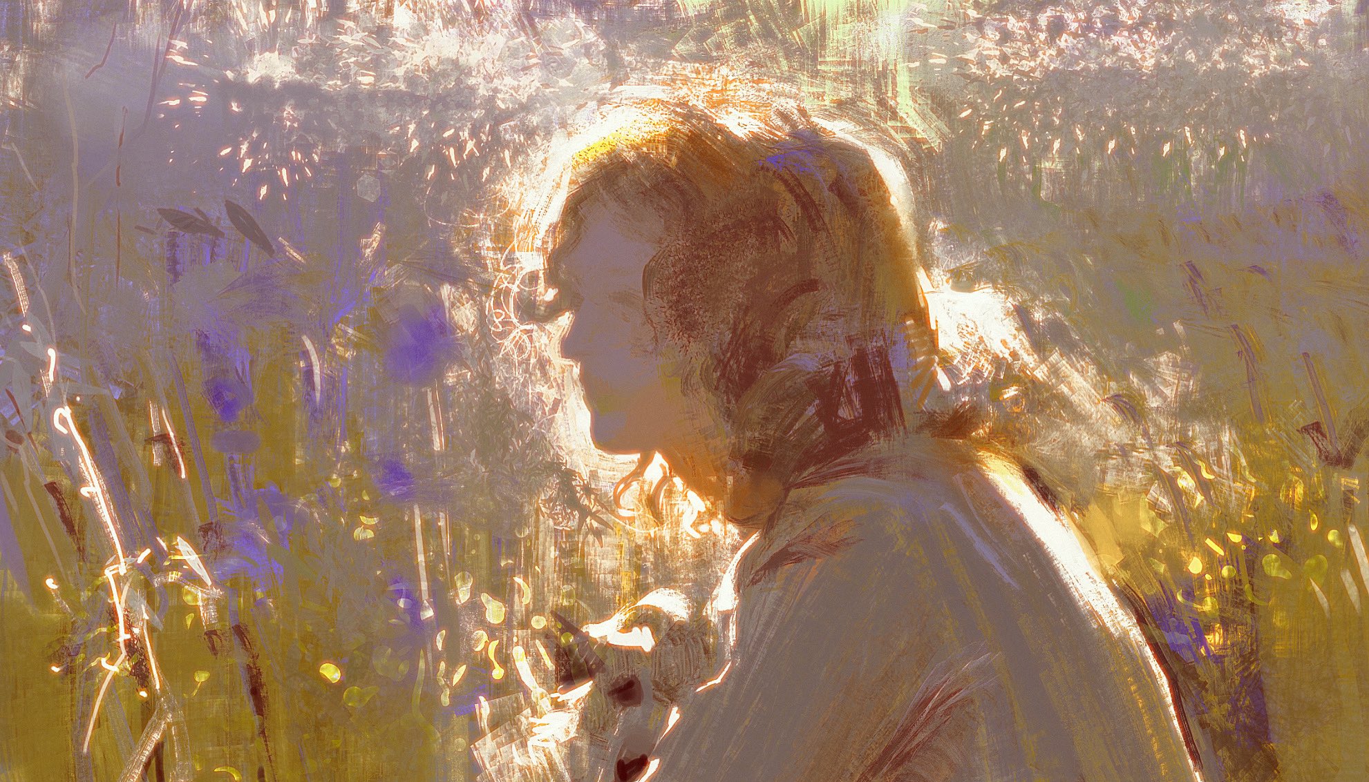 a digital painting of a woman with long reddishblonde hair, seen from the side profile, bathed in warm sunlight. she is situated amidst a field of tall, softly rendered plants with hints of purple and yellow.  the style is impressionistic and abstract, with visible brushstrokes and a focus on light and color rather than precise detail. the overall mood is serene and peaceful, evoking a feeling of warmth and tranquility.