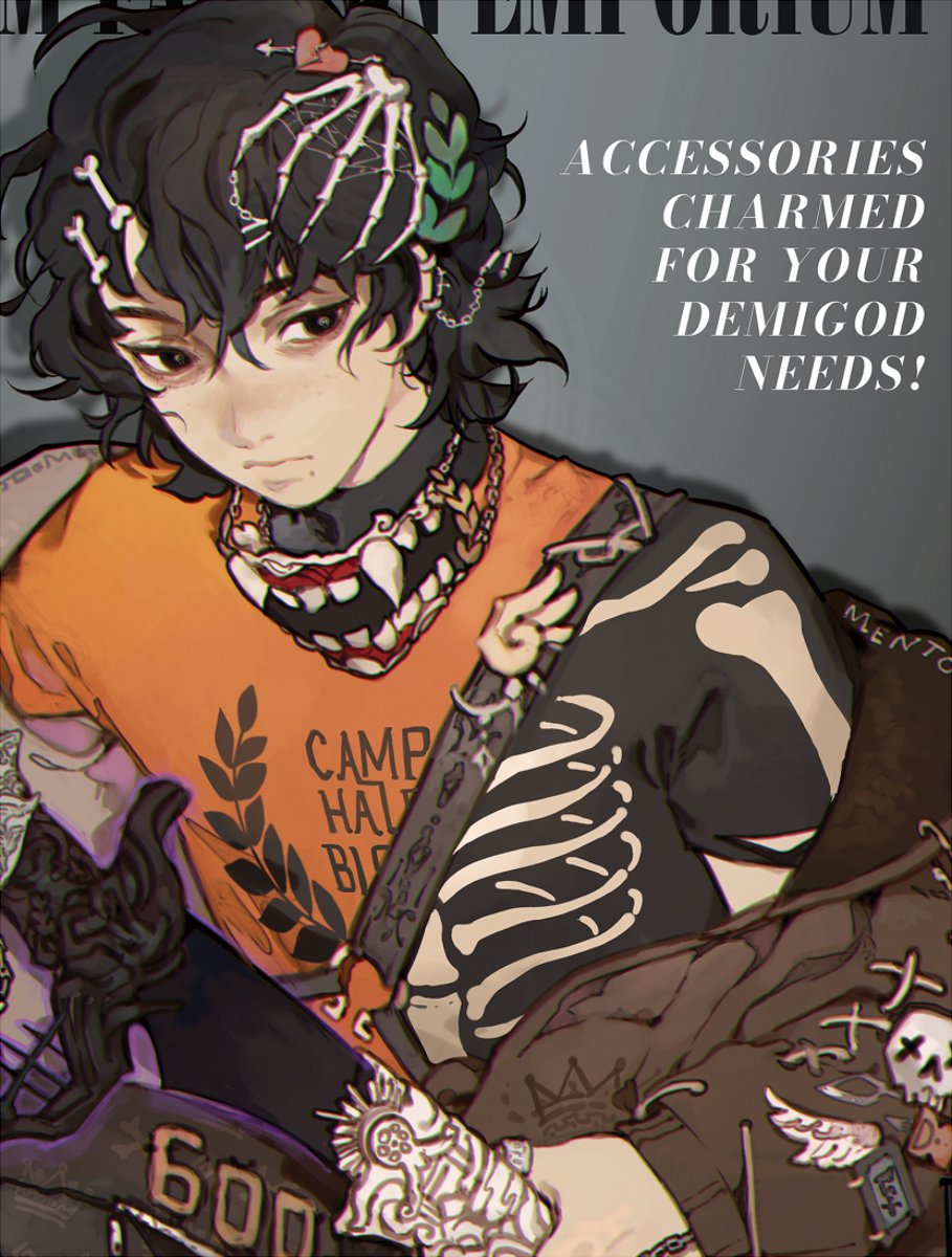the image is an anime illustration featuring nico di angelo from the percy jackson series, styled as a magazine advertisement for demigod accessories. nico is depicted with dark, messy hair adorned with skeletal hand clips and a heart detail. he's wearing a camp halfblood tshirt, a skeletonprint top, and a biker jacket with patches featuring skull and crossbones designs. accessories like a toothy necklace and skeleton arm are also highlighted. the background features text advertising "accessories charmed for your demigod needs!"