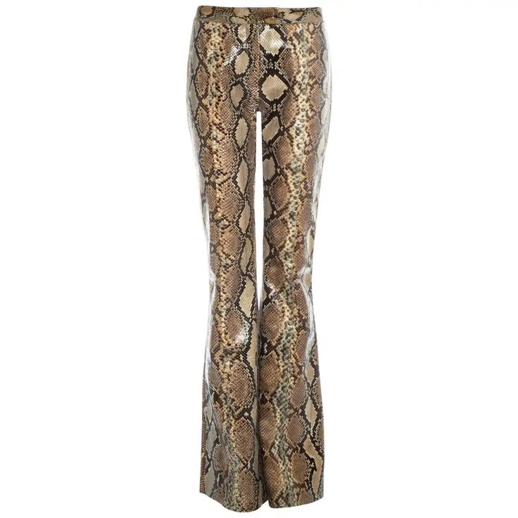 a pair of snake print flared pants is displayed on a white background.