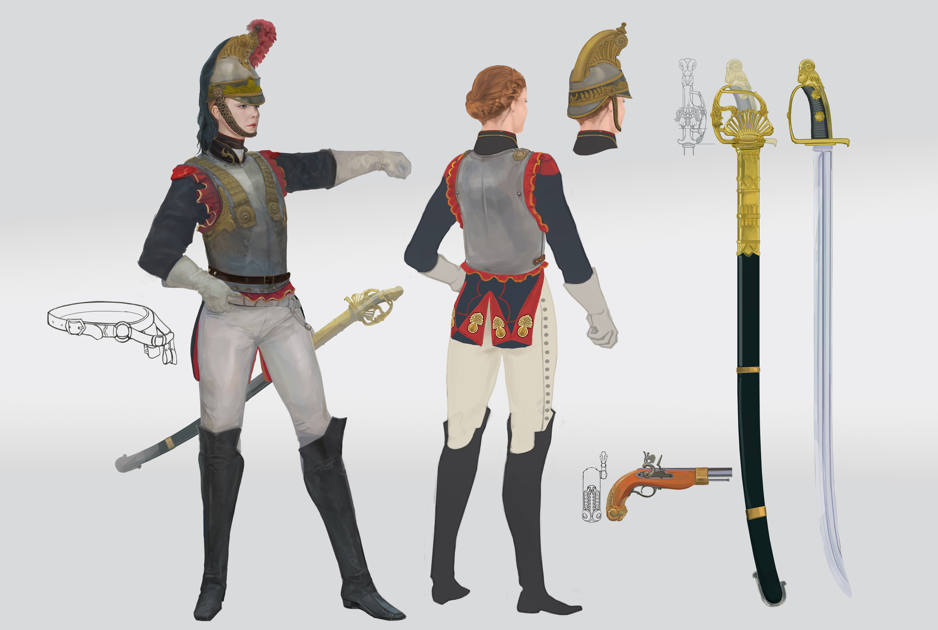 this is an illustration of a french soldier in the uniform of the imperial guard during the napoleonic era. the illustration shows a male and female soldier wearing the full uniform and weapons. the male soldier is holding a sword in his right hand and is looking to the left of the image. the female soldier is standing with her arms at her side.