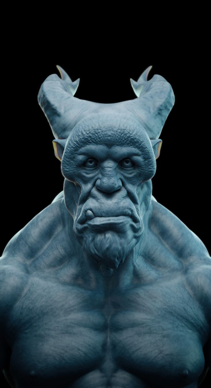 a blueskinned, muscular monster or demonlike creature with horns is centered against a black background. the creature has a stern expression and is detailed with wrinkles and texture, giving it a sculpted appearance. the image is rendered in a 3d style.