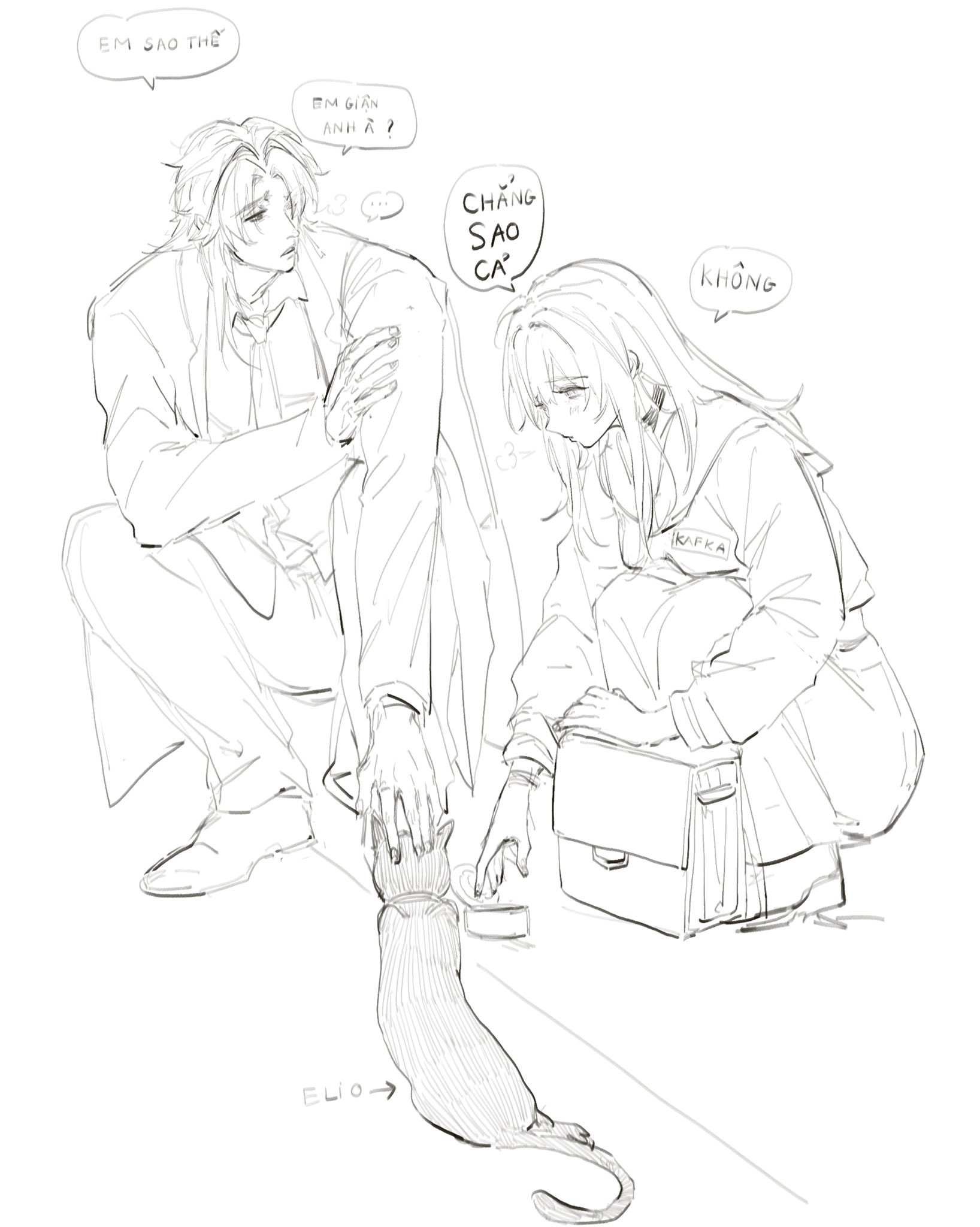 a sketch of a young woman and man talking. the man has his arm on the woman's shoulder while they are sitting together. a cat sits in the background.