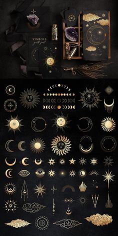the image shows a collection of mystical and celestial symbols in gold on a black background, arranged in rows. above the symbols is a scene depicting a box set with an open book titled "symbols," alongside various objects such as crystals, a jar, tarot cards, and a small broom, all with a dark, mystical aesthetic.