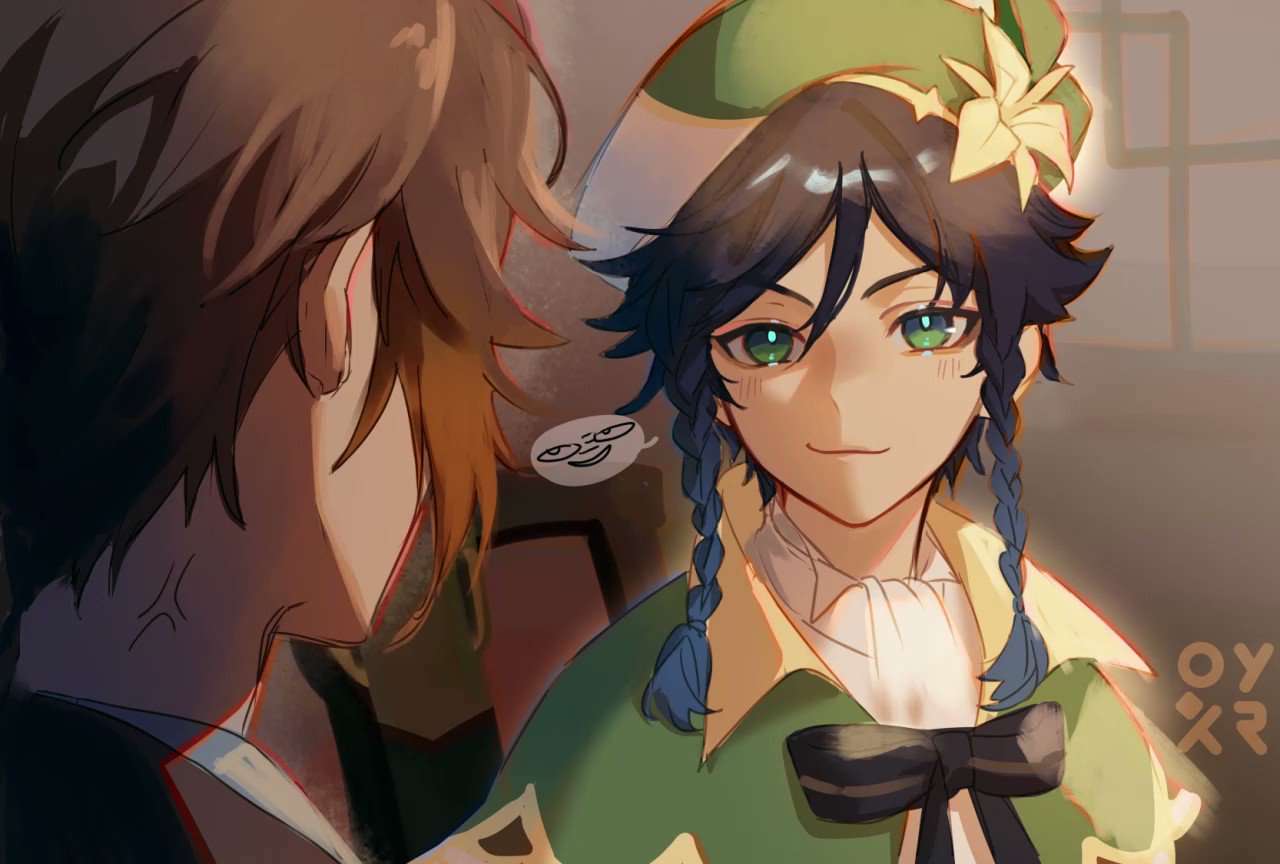 the image is a drawing of two anime boys. the one on the left has brown hair and a white collar. the one on the right has dark blue hair with a green hat with a flower on it. the one on the right is smiling and looking at the one on the left. the background is a blur of brown and white.