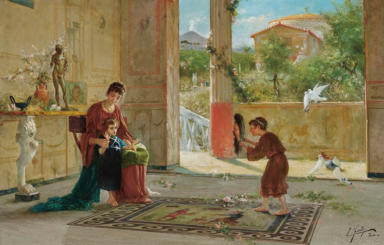 a painting depicts a scene in what appears to be an ancient roman villa or residence. a woman in a red garment sits in a chair, holding a younger child who is wearing a dark blue outfit. to the left, a marble lion statue stands near a table adorned with a vase of flowers and other objects. through an archway, a boy in a brown tunic holds a mask in front of his face, standing on a patterned rug surrounded by white pigeons. beyond the archway is a lush garden with a round building and a glimpse of mount vesuvius in the distance. the walls of the interior feature frescoes and architectural details characteristic of roman design.