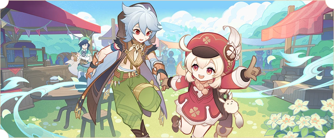 the image shows two anime characters from the popular game genshin impact. the characters are dressed in a fantasyinspired style and have vibrant colors and unique designs. the girl is wearing a red outfit with a white hat and has long blonde hair. the boy is wearing a blue and green outfit with white hair. they are both smiling and running, enjoying a sunny day at a market. the environment is vibrant and colorful, with flowers, grass, buildings, and a clear sky. the image is drawn in a cartoon style with a whimsical atmosphere.