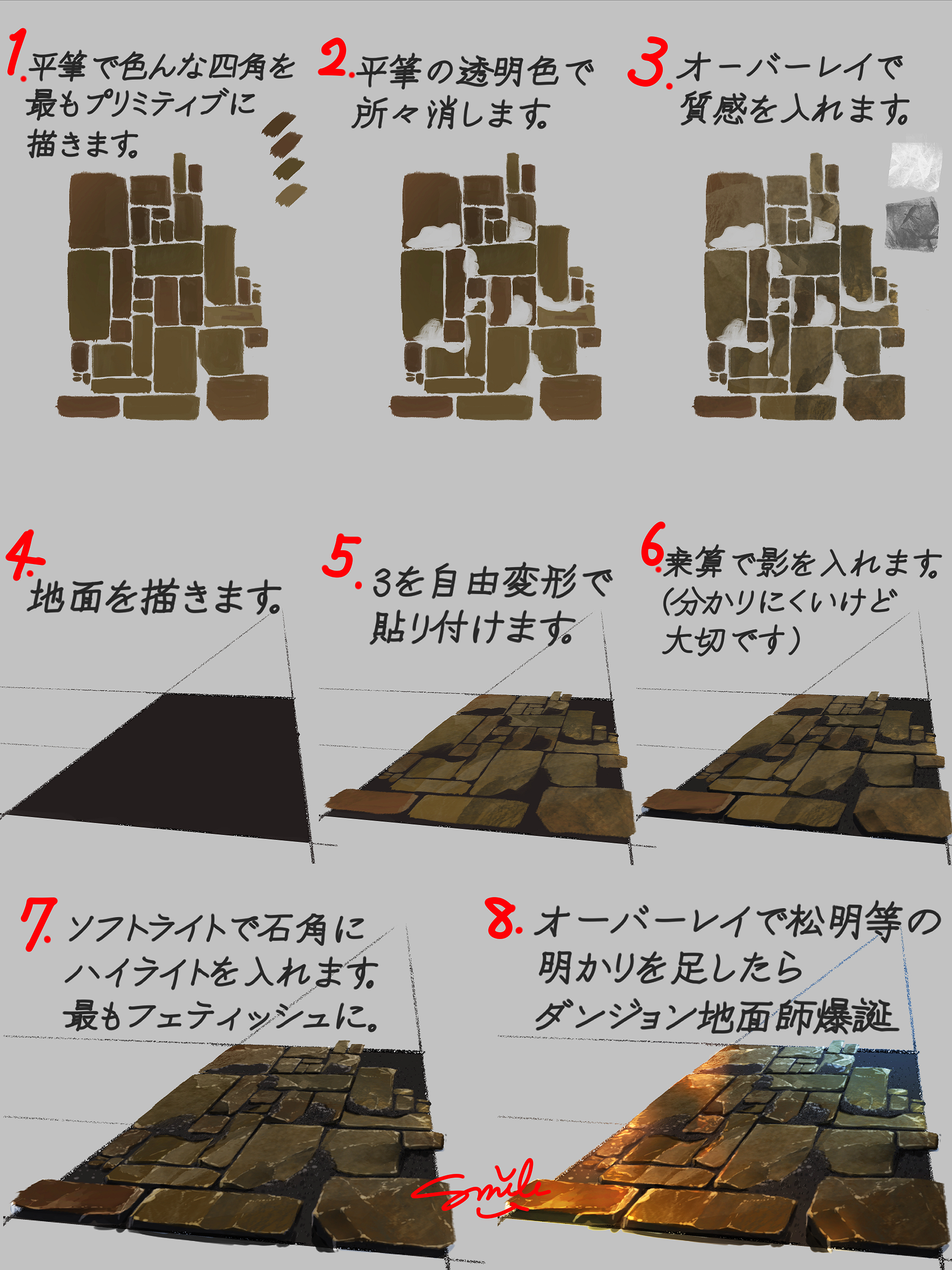 his image is a digital painting tutorial showing the steps to create a realistic stone pavement texture, specifically for a dungeon setting in a game or illustration.  the tutorial uses a stepbystep approach, with numbered illustrations demonstrating each stage. the steps involve laying down base colors, using an overlay blending mode for texture, adding highlights and shadows, and adjusting perspective. the final image shows a detailed and atmospheric stone pavement suitable for a game environment or fantasy illustration.  the text is in japanese.