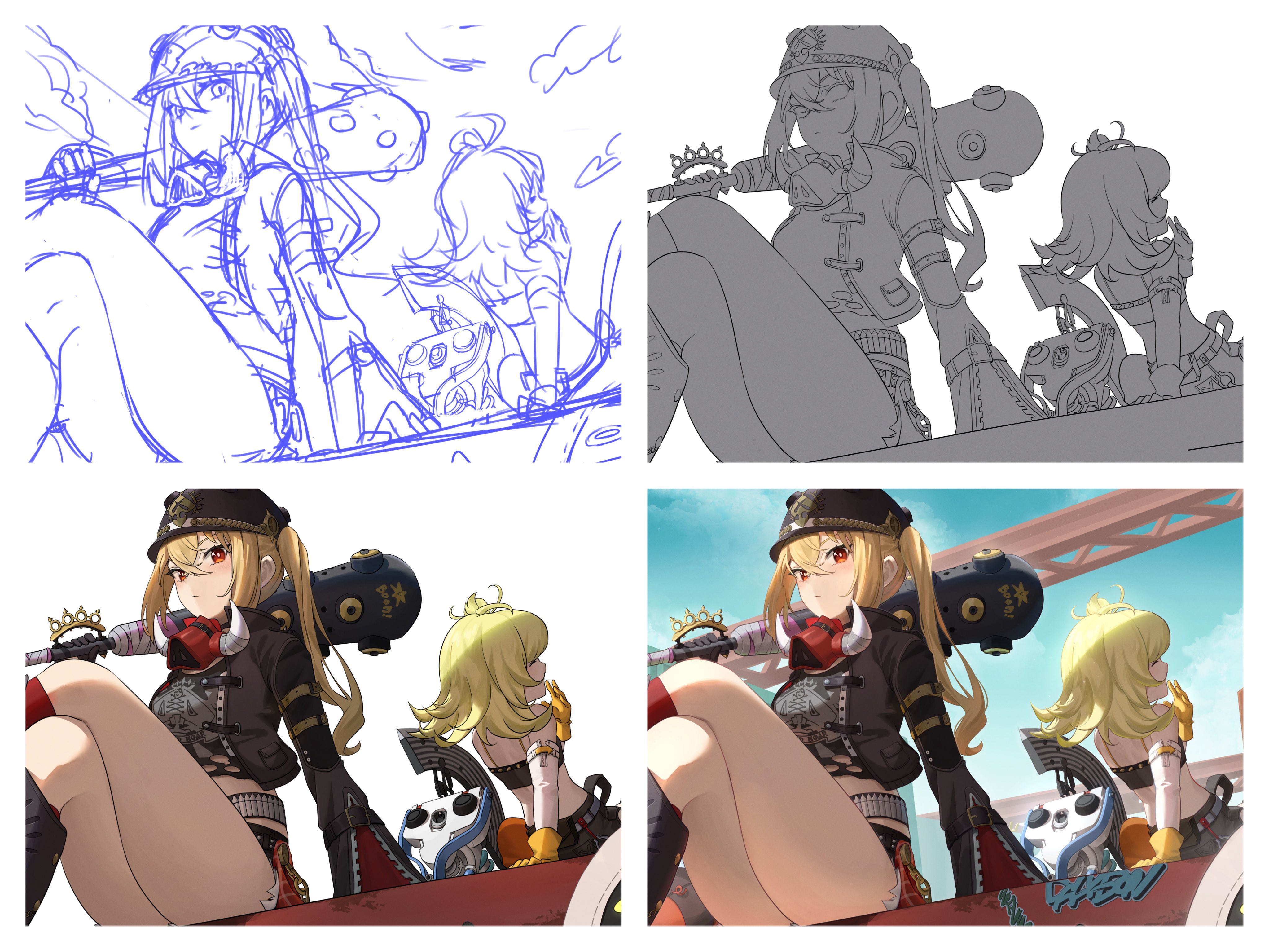 the image showcases the digital creation process of an animestyle artwork depicting two female characters.  the top row shows two stages: a rough blue line sketch and a more refined grayscale line drawing.  the bottom row demonstrates a transition to full color in two steps; one showcasing some remaining line art, and the final piece with fully rendered details.  the characters are stylishly dressed in what appears to be a steampunkinfluenced military or soldier outfit, holding large weapons resembling oversized guns or mechanical implements while sitting on some kind of vehicle or war machine against a bright sky backdrop. the image is broken into four separate images to illustrate the different phases of the artistic process.