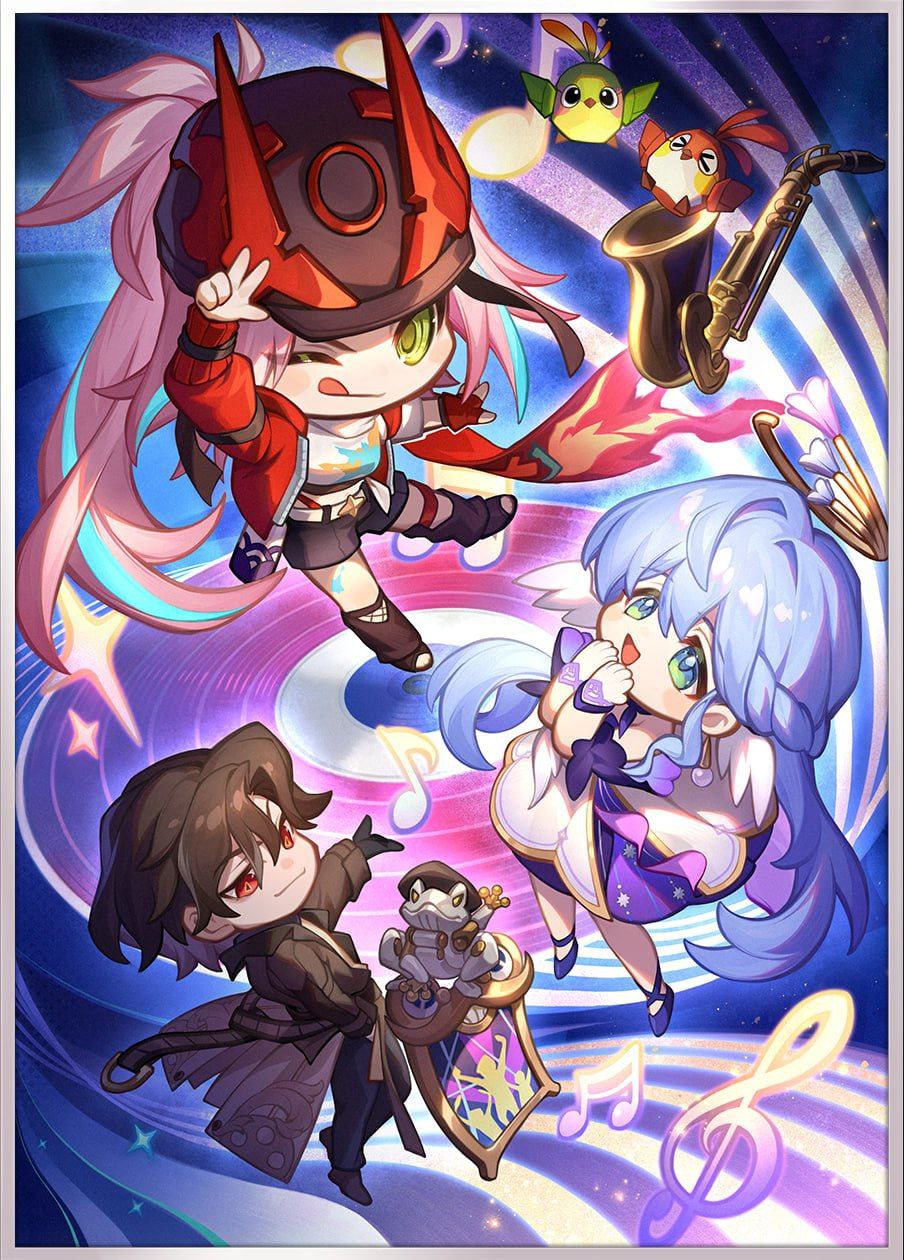 the image is of three chibi anime characters, two girls and a boy, in a colorful sky. the girl on the left is dressed in red with pink hair and is dancing. the girl on the right is wearing a white dress with blue hair and is singing. the boy is playing an instrument and is dressed in a black jacket with brown hair. there are musical notes, stars, and other whimsical designs throughout the image.