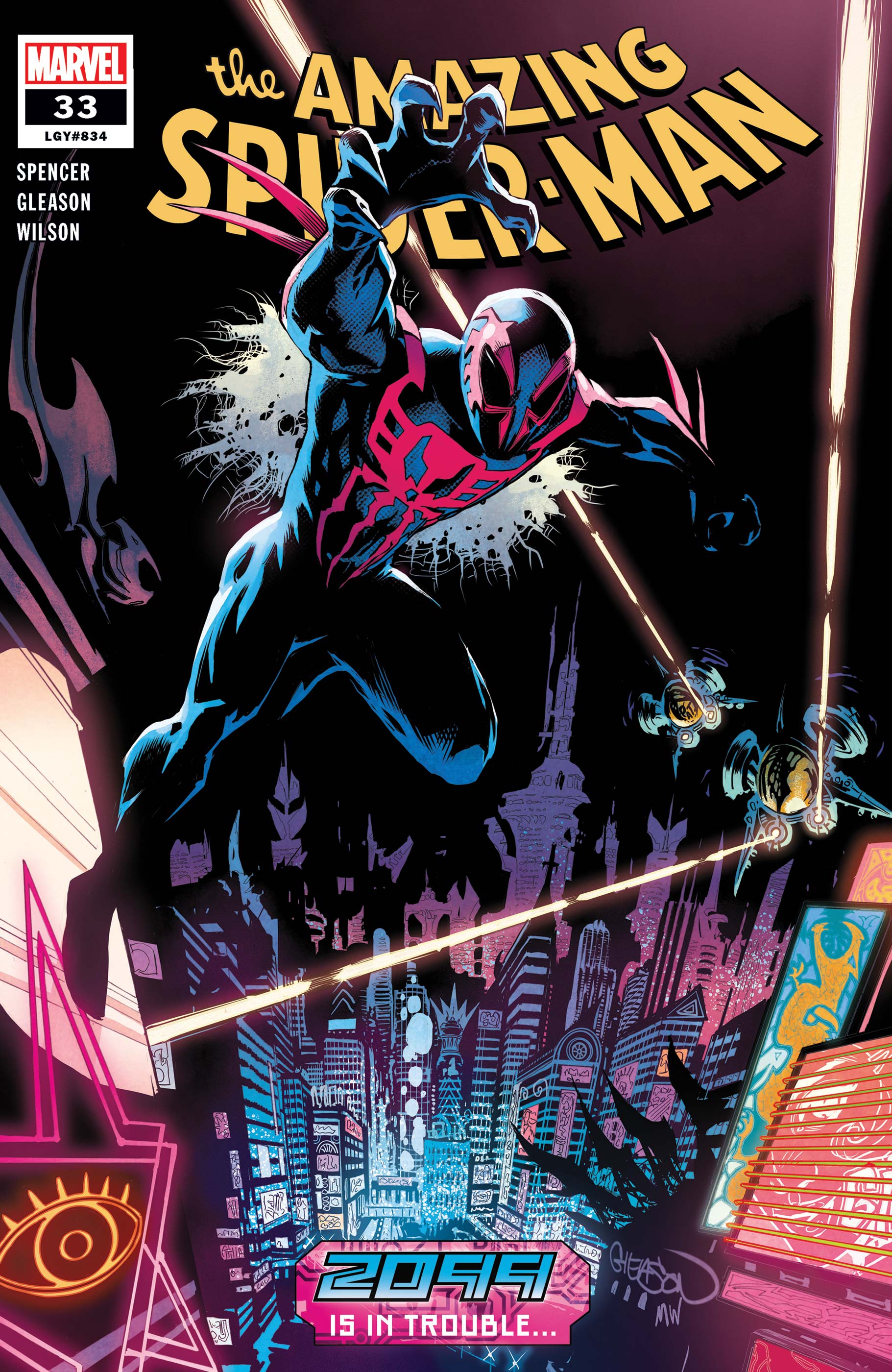 the image is the cover of amazing spiderman comic book issue #33. it features spiderman 2099, a futuristic version of spiderman, in a dynamic pose against a backdrop of a futuristic cityscape at night. the city is rendered in shades of blue and purple, with glowing neon lights and towering skyscrapers. the title "the amazing spiderman" is prominently displayed at the top of the image, and the tagline "2099 is in trouble..." appears at the bottom. the overall tone of the image is dark and actionpacked, hinting at the adventures to come within the comic book.