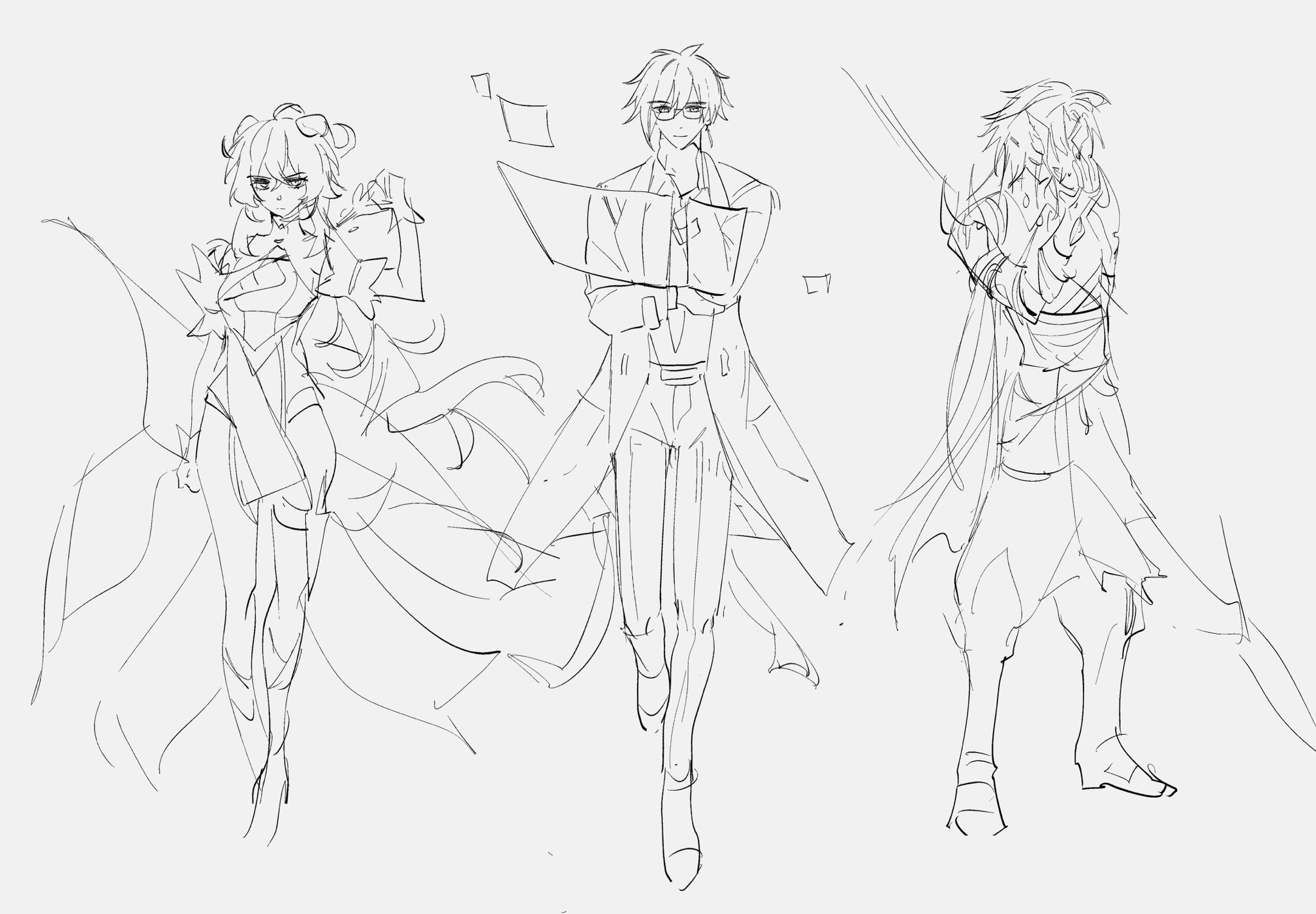 this is a digital sketch of three anime characters. the first character on the left is a woman with short, curly hair wearing a cape and skirt. she is holding a sword. the second character in the middle is a man with glasses wearing a coat and standing with his arms crossed. the third character on the right is a man with long hair wearing a cape and carrying a sword. all of them are in fighting poses. the style of the sketch is loose and dynamic, capturing the movement and energy of the characters.