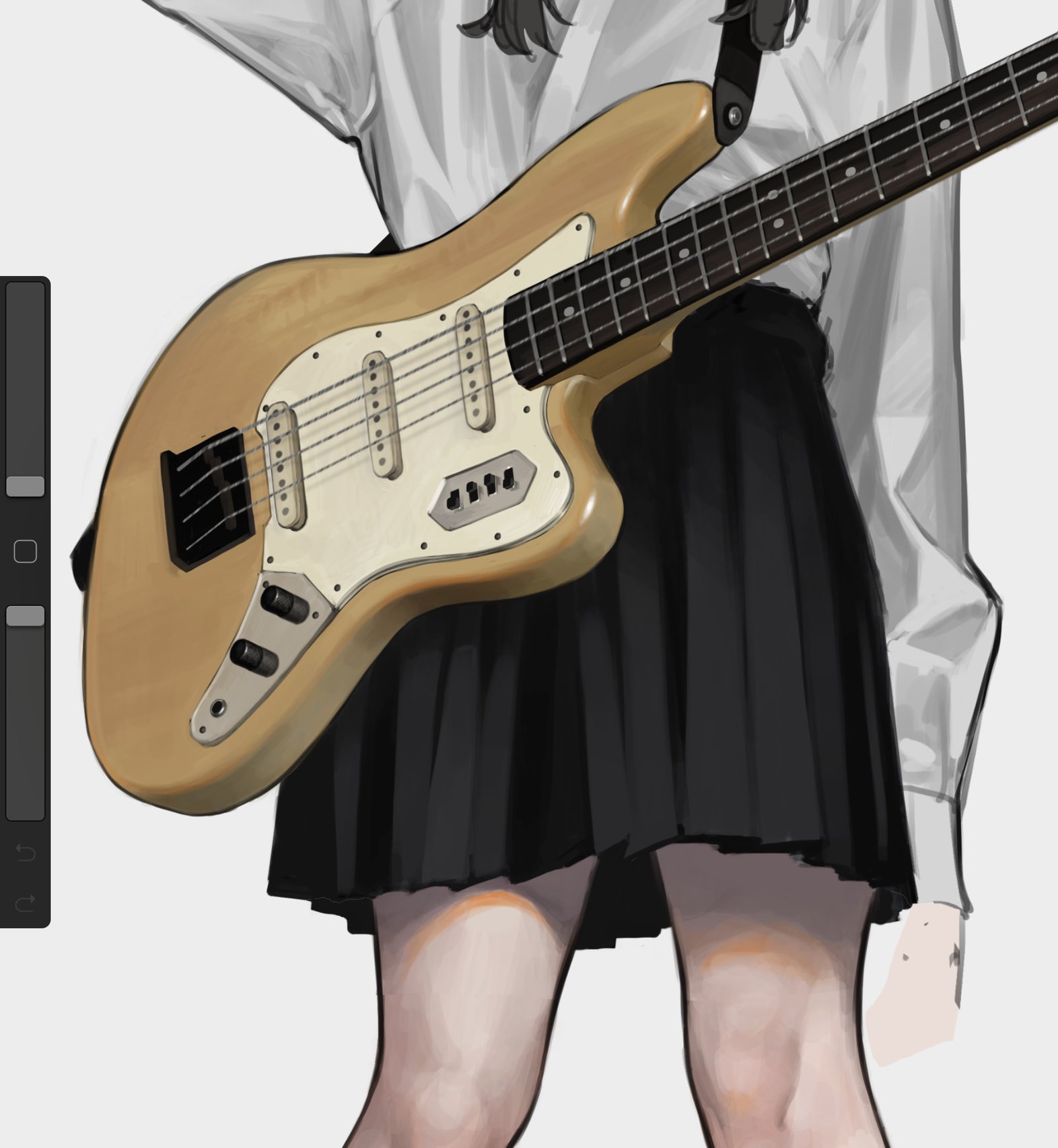 the image is a digital painting or illustration in an anime style. it depicts a girl with long dark hair wearing a grey, longsleeved shirt and a black pleated skirt, which resembles a school uniform. she is holding a light beige bass guitar, which is the focal point of the picture. the style is soft and somewhat muted in color palette. the focus is on the girl and the bass guitar, her legs are visible from the knees down. the background is plain and uncluttered, letting the subject stand out. the overall impression is one of a calm, slightly melancholic mood.