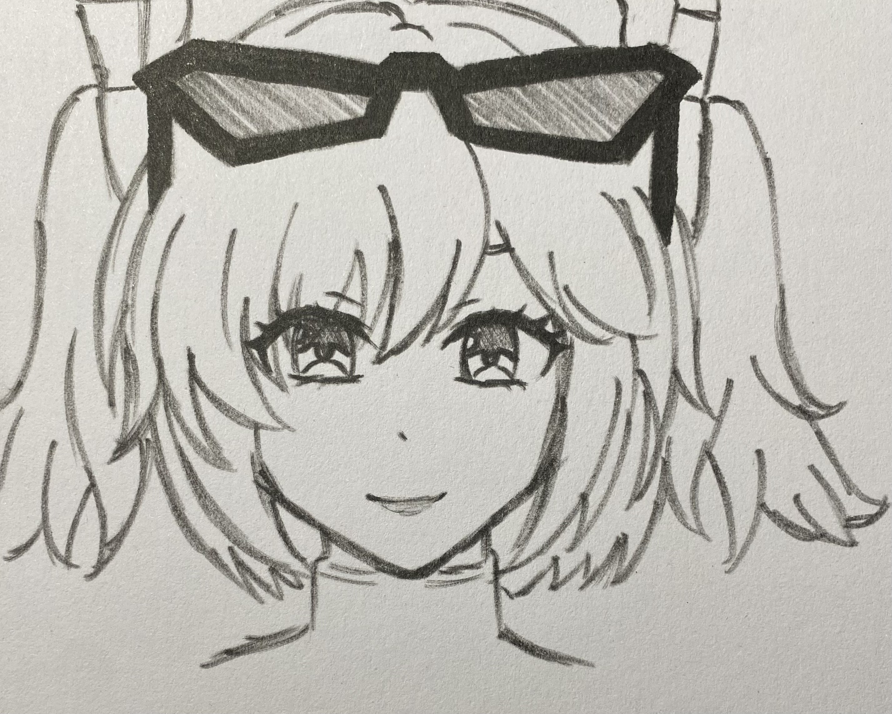 this is a pencil sketch of an animestyle girl.  she has short, slightly wavy hair styled in a way that suggests pigtails or sideswept bangs. she's wearing angular sunglasses. the drawing focuses on her face, which has a gentle smile, large expressive eyes, and a simple nose and mouth. the style is fairly minimalistic, using shading to create depth and volume. the overall impression is one of cuteness and simplicity.