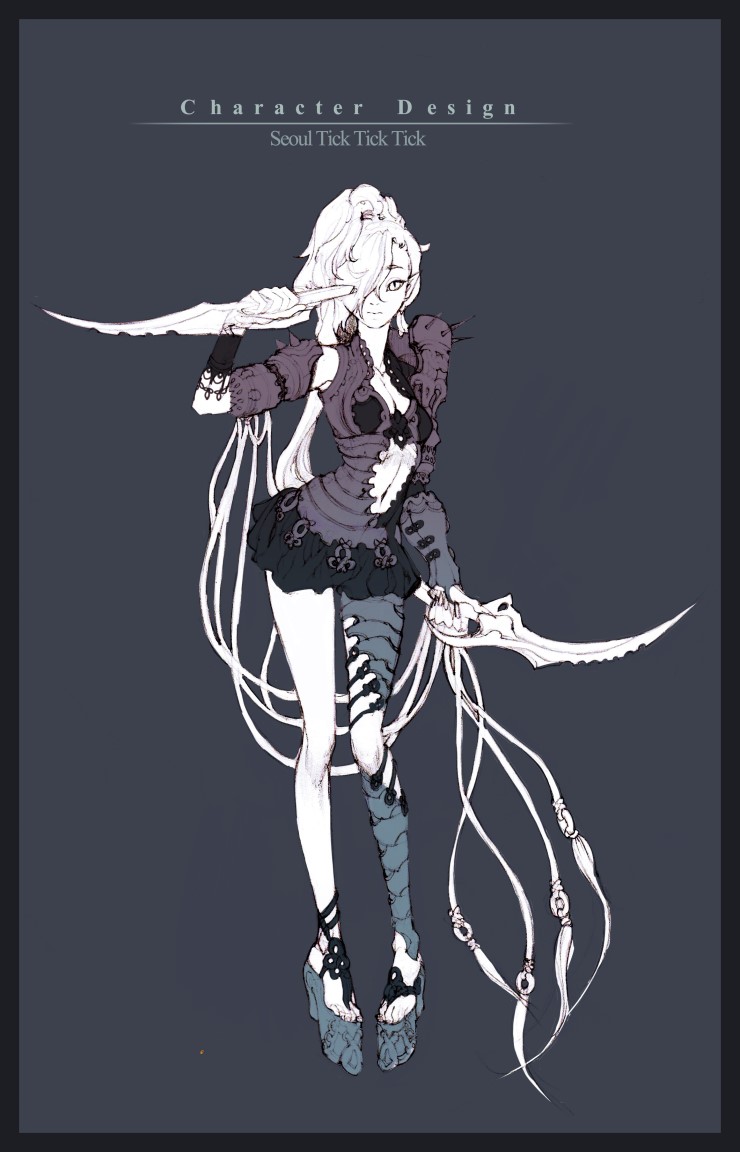 a digital drawing of an animestyled woman in a black dress with a white trim. her hair is long and white, her face is light and her hair is pulled back. she is standing on both feet and wielding a long sword in her right hand. she is wearing boots and has a few long white strings dangling from her waist. the background is gray. the title of the character design is "seoul tick tick tick."