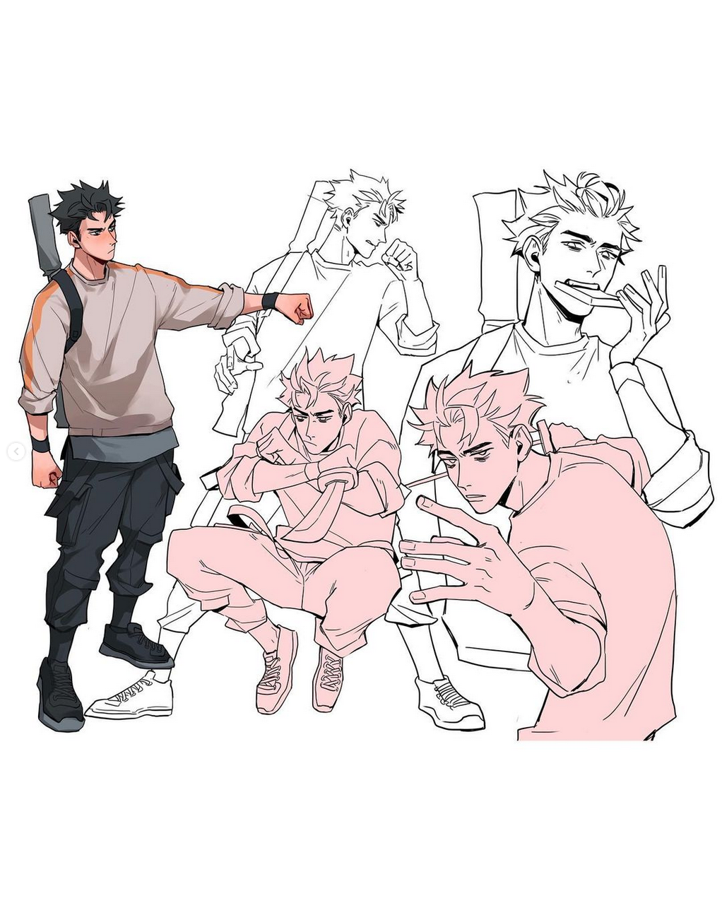 a digital sketch page featuring the same male character in various poses. the drawings showcase a young man with short, spiky hair, wearing a mix of streetwear and tactical gear. he's depicted in dynamic poses, suggesting agility and a sense of action.  some drawings are more complete, with solid colors indicating clothing, while others remain as line art, focusing on anatomy and gesture.