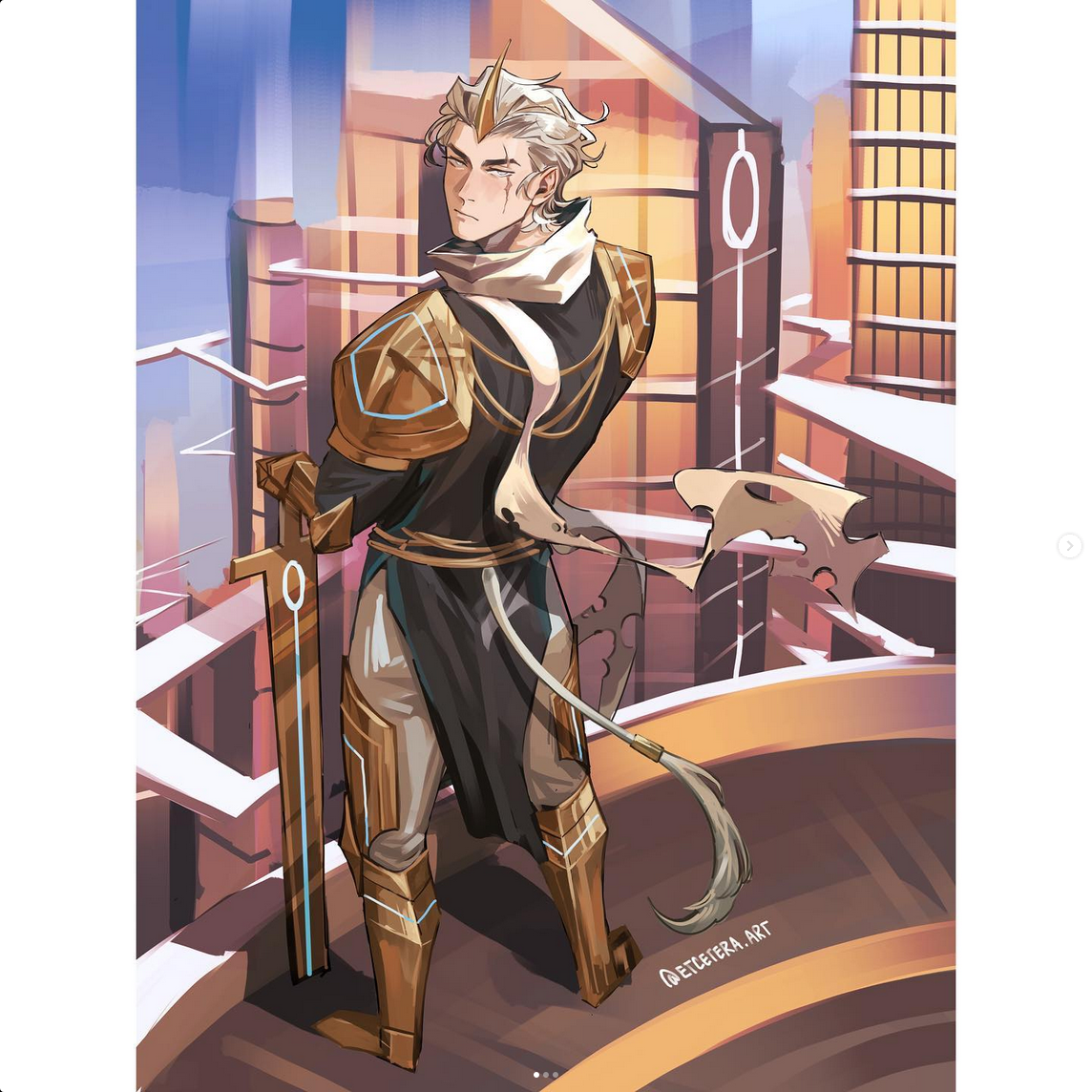 the image showcases a male character, likely a warrior, standing on a rooftop with his back to the viewer. he's clad in ornate gold and white armor, a white scarf billowing behind him, and a futuristic sword strapped to his back. the setting appears to be a futuristic city, bathed in the warm hues of a setting sun. the low angle perspective emphasizes the character's imposing figure and the grandeur of the cityscape.