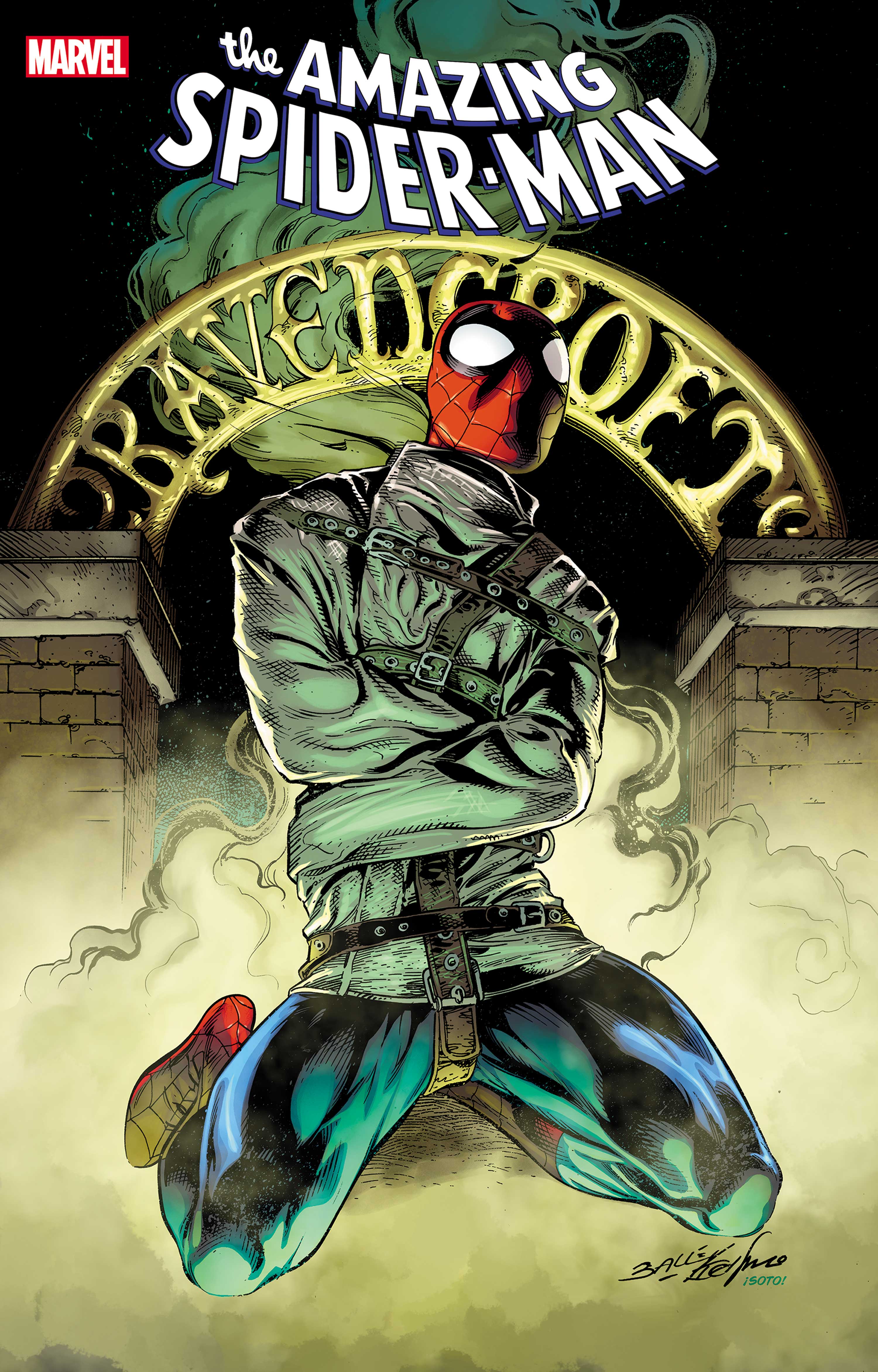 the image is a comic book cover featuring spiderman confined in a straitjacket, kneeling within the confines of what appears to be an asylum. the setting is dark and gritty, with a sign reading "ravencroft" looming ominously in the background. the lighting is dramatic, casting a spotlight on spiderman while shrouding the rest of the scene in shadow. this effectively highlights his vulnerability and the unsettling atmosphere of the asylum.