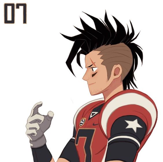 a sideprofile illustration of a male character with spiky black hair styled with a mohawk. he is wearing a red and white football jersey with the number 7 visible. the character has a determined expression on his face and is wearing a glove on his left hand, suggesting he is a football player. the style of the illustration is digital art, leaning towards character design.