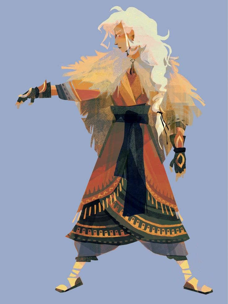 a woman with long white hair is wearing a long colorful dress and fur coat. she is standing with one arm outstretched and appears to be a warrior or a fantasy character. the background is a solid blue color.