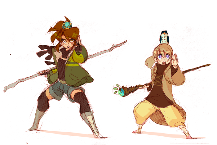 this digital illustration depicts two anime girls in a dynamic pose, seemingly engaged in a fantastical fight. the girl on the left wears a green jacket and short shorts, wielding a simple staff, while the girl on the right, adorned with a small bird on her head, wields a more intricate staff that seems to be emitting a magical energy. both girls appear to be in midaction, their expressions intense and focused, adding to the overall dynamic energy of the piece. the sketchlike quality of the artwork contributes to a whimsical and energetic vibe.