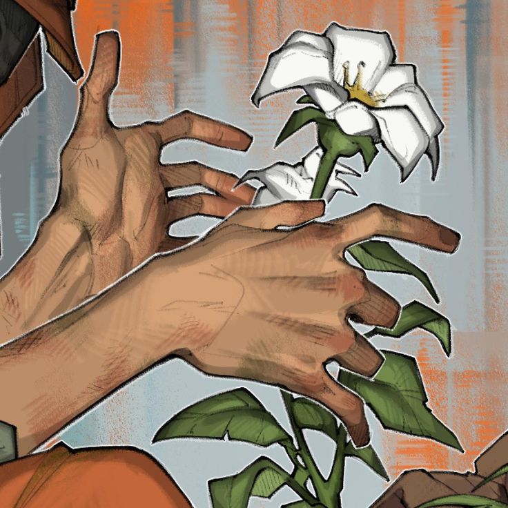 the image is a digital painting or illustration showcasing a closeup view of a person's hands delicately holding a white datura (jimsonweed) flower.  the hands are detailed, showing texture and subtle shading.  the person appears to be wearing an orange jumpsuit, suggesting a possible prison setting. the background is a muted blend of orange and grey, abstract and slightly blurred, drawing focus to the hands and flower in the foreground. the overall style is expressive and slightly stylized, conveying a sense of gentle care and perhaps underlying emotion.