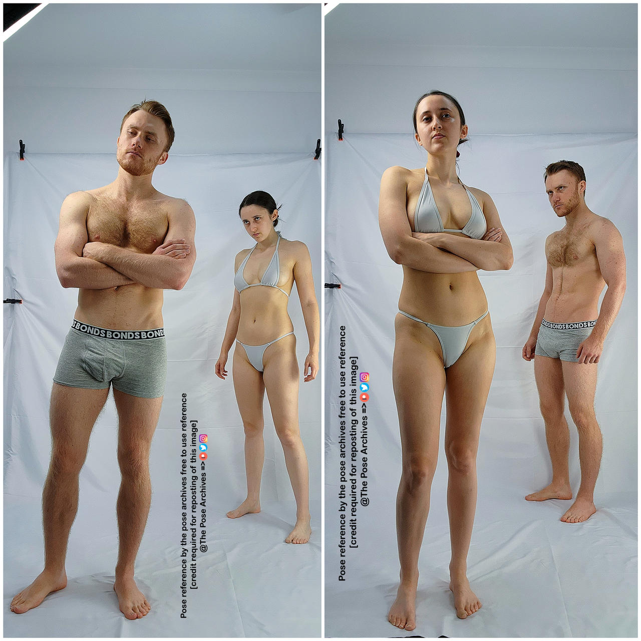 a man and a woman are standing in front of a white background. the man is wearing gray underwear and the woman is wearing a gray bikini. they are both posing with their arms crossed.
