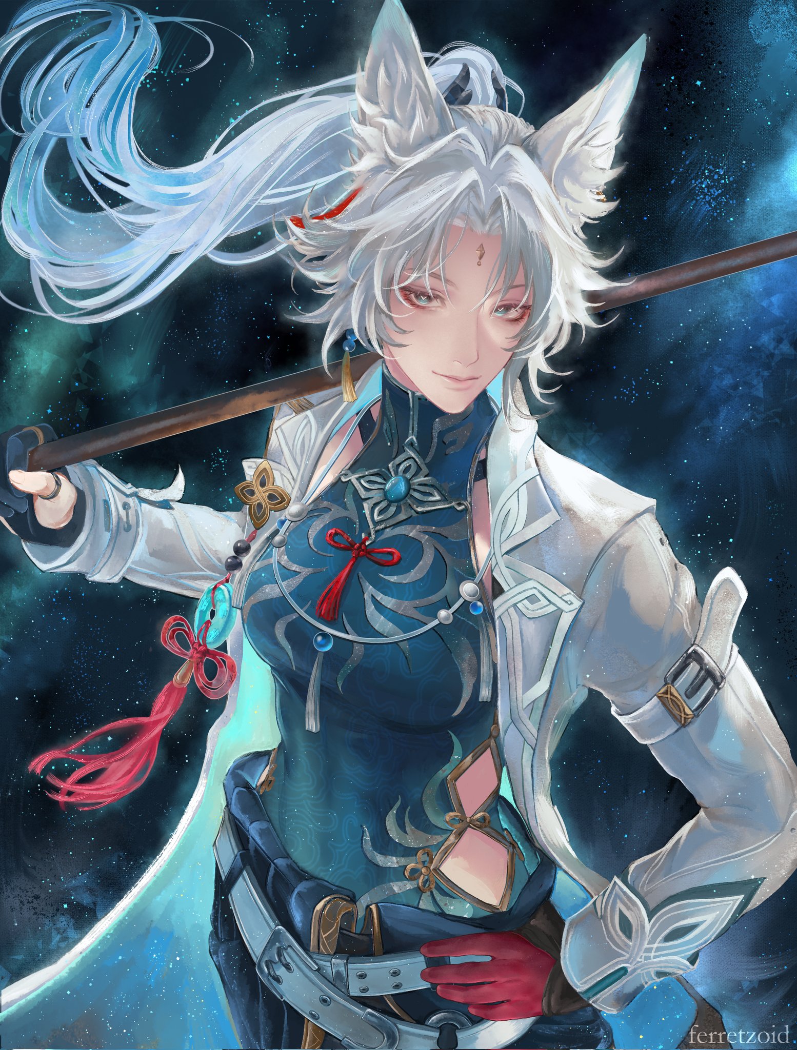 a digital illustration of an anime girl with white hair and blue eyes. she is wearing a white and blue outfit with red accents. she is holding a staff in her right hand and her left hand is resting on her hip. the background is a starry night sky.