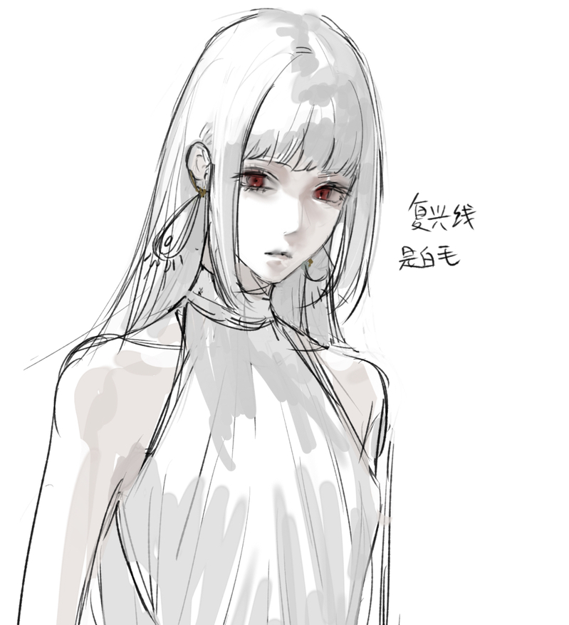 a sketch of an anime girl with white hair, red eyes, and white dress. she is wearing earrings and is looking down.