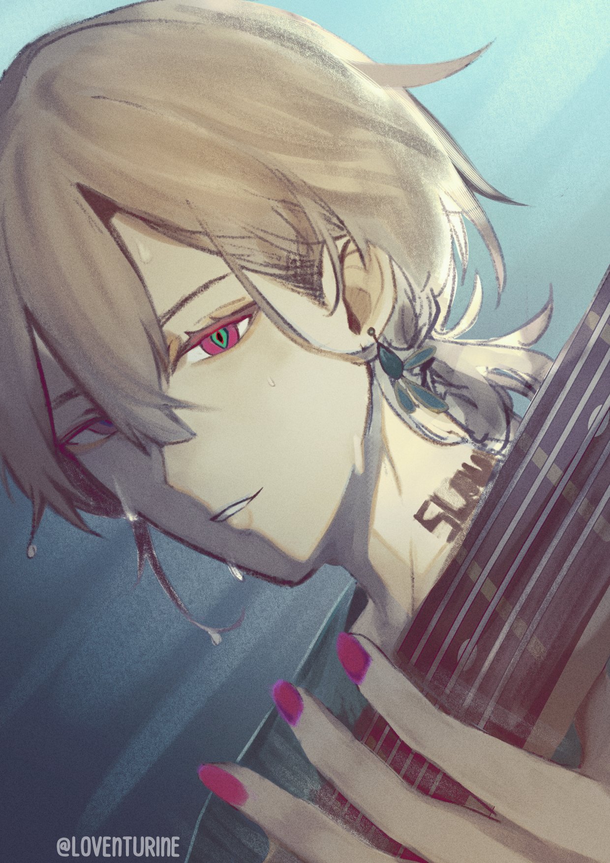 a closeup digital art illustration of a young anime male with blonde hair, green and red eyes, wearing earrings and a blue shirt, playing a guitar. his hands are holding the guitar's neck, and his fingers are pressing on the strings. he is sweating, and sweat is dripping from his face and neck. the background is a blue and white blur. the style of the art is very detailed, with smooth lines and soft colors. the overall impression of the piece is one of melancholy and introspection.