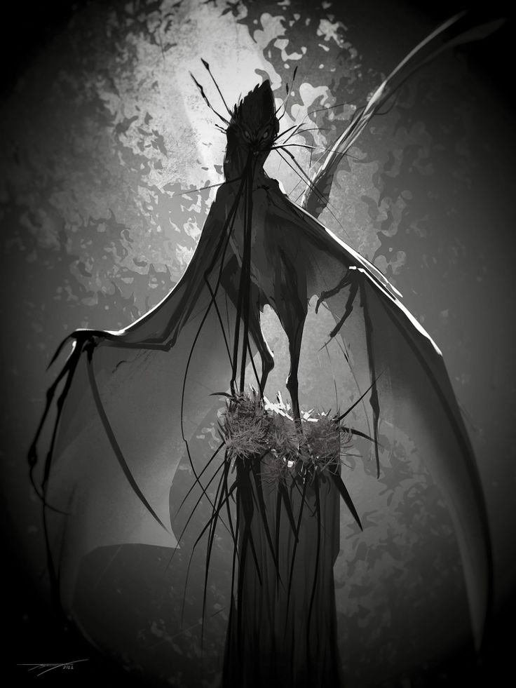 a dark, fantastical image of a monstrous creature with large wings perched atop a nestlike structure. the creature is silhouetted against a bright, possibly moonlit background, giving it an eerie and supernatural feel. its form is spindly and spiky, adding to the nightmareinducing atmosphere of the artwork.