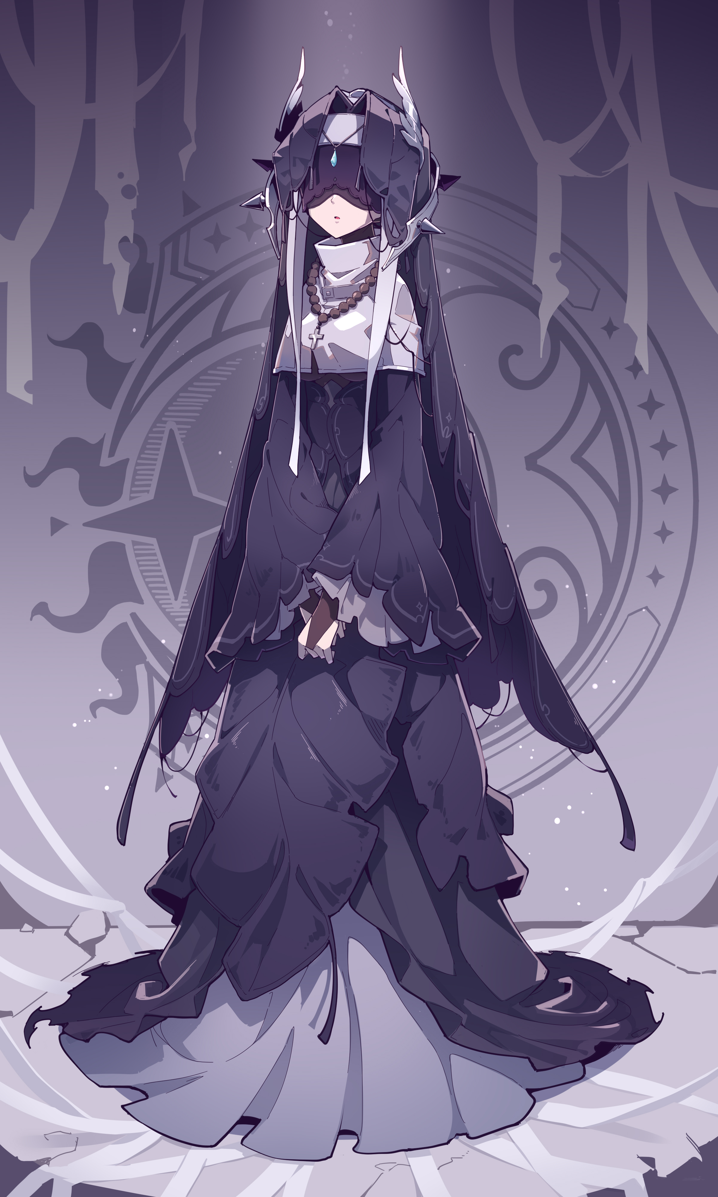 the image shows a fullbody illustration of a character in an anime style. the character is female and wears a long, dark, layered dress. she has a unique headpiece and a blindfold that covers her eyes. she is also wearing a necklace. the background features decorative elements, completing the fantasy aesthetic of the image.