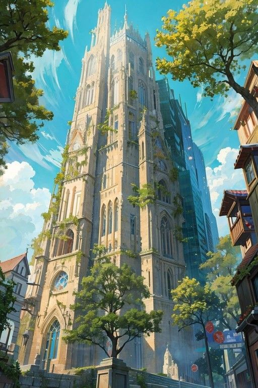 a tall, ornate cathedral stands prominently amidst a city scene. the cathedral features intricate architectural details and is partially covered in greenery, vines growing up its walls. beside it, a modern skyscraper rises, contrasting the older structure. trees are scattered around the area, adding to the urban landscape. the sky is blue with scattered clouds, providing a bright backdrop. the image has a fantasy or anime style feel.